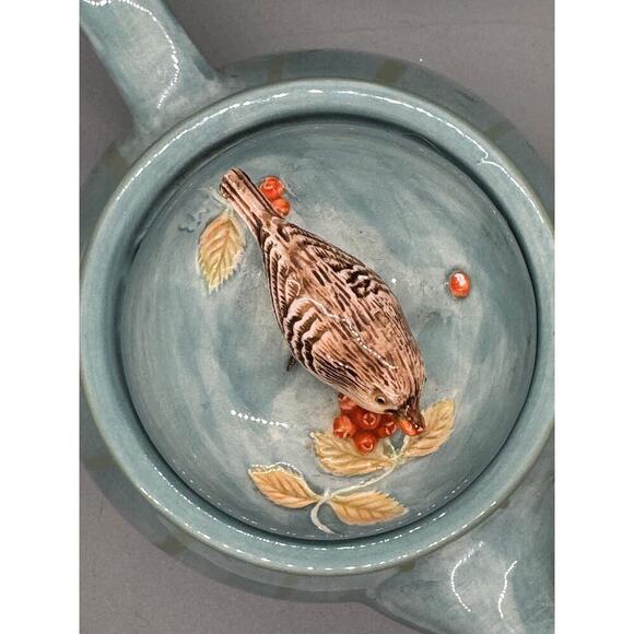 Marjolein Bastin Teapot Bird & Berries Hallmark Signed Blue with Green Stripes - Picture 8 of 12